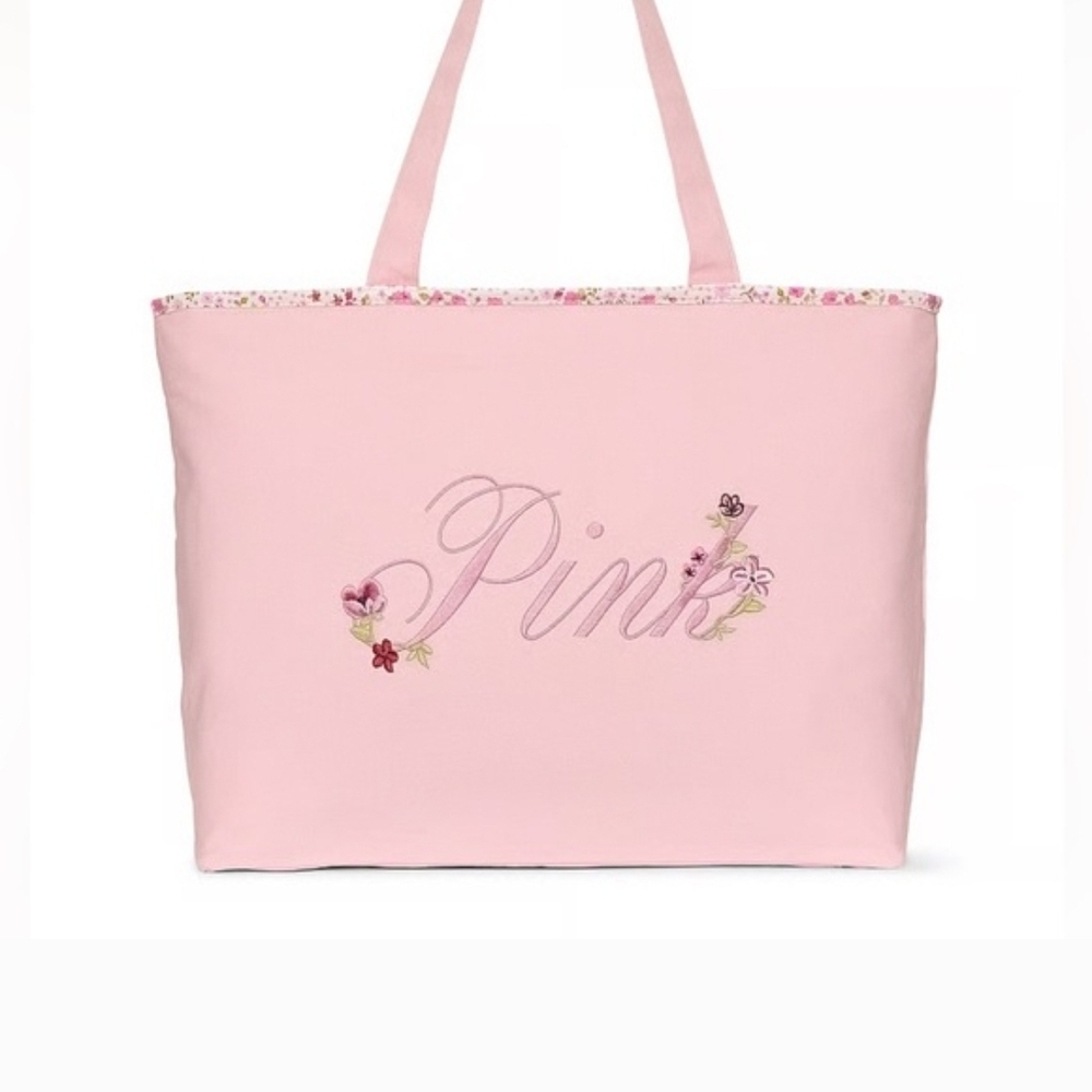 Victoria's Secret Pink Embroidered FLORAL Canvas Tote